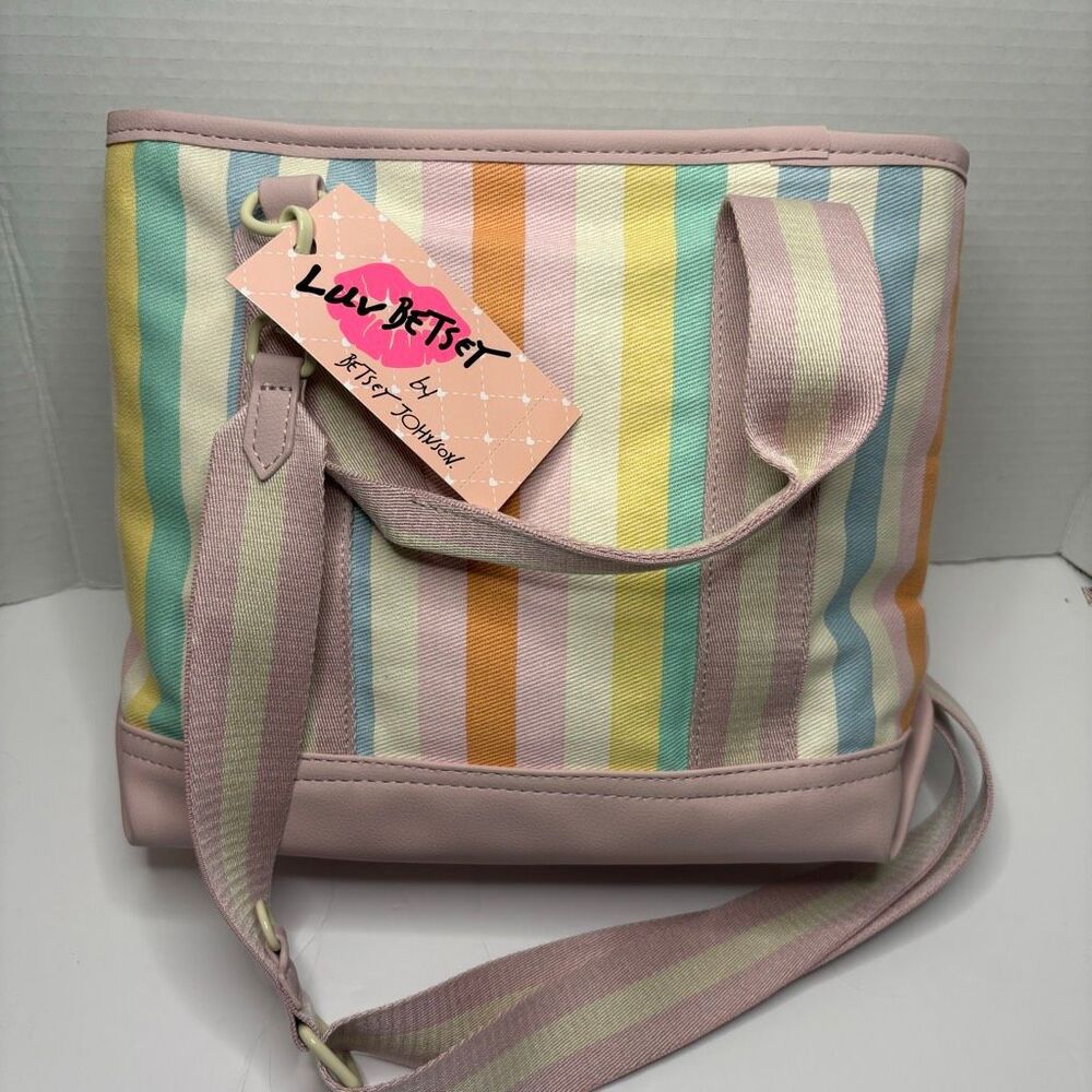 Betsey Johnson Canvas Tote Colorful Rainbow Stripe Floral Bag Charm NWT - Picture 8 of 14
